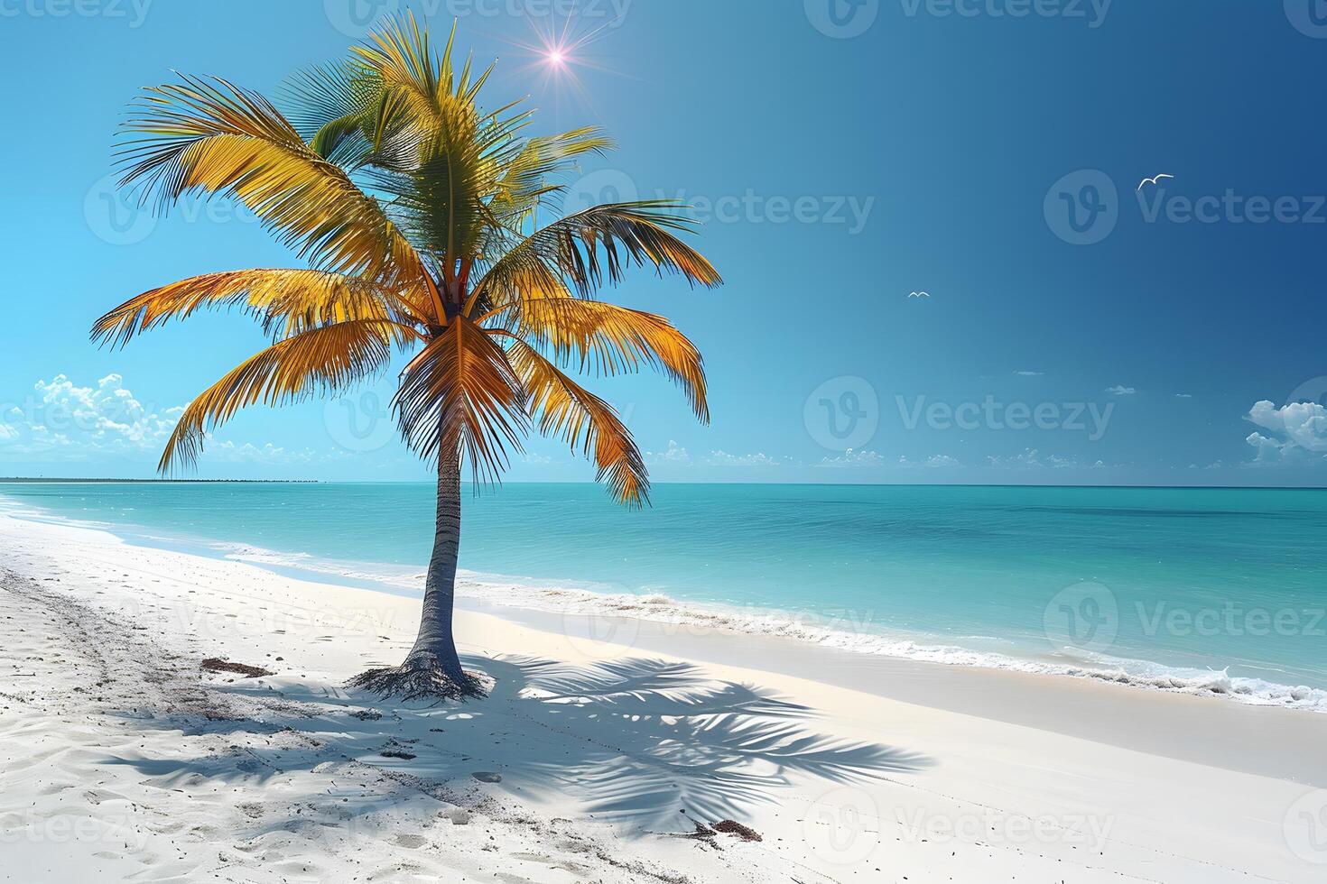 Peaceful Tropical Beach Scene with Palm Tree and Calm Ocean Waves on a Sunny Day photo