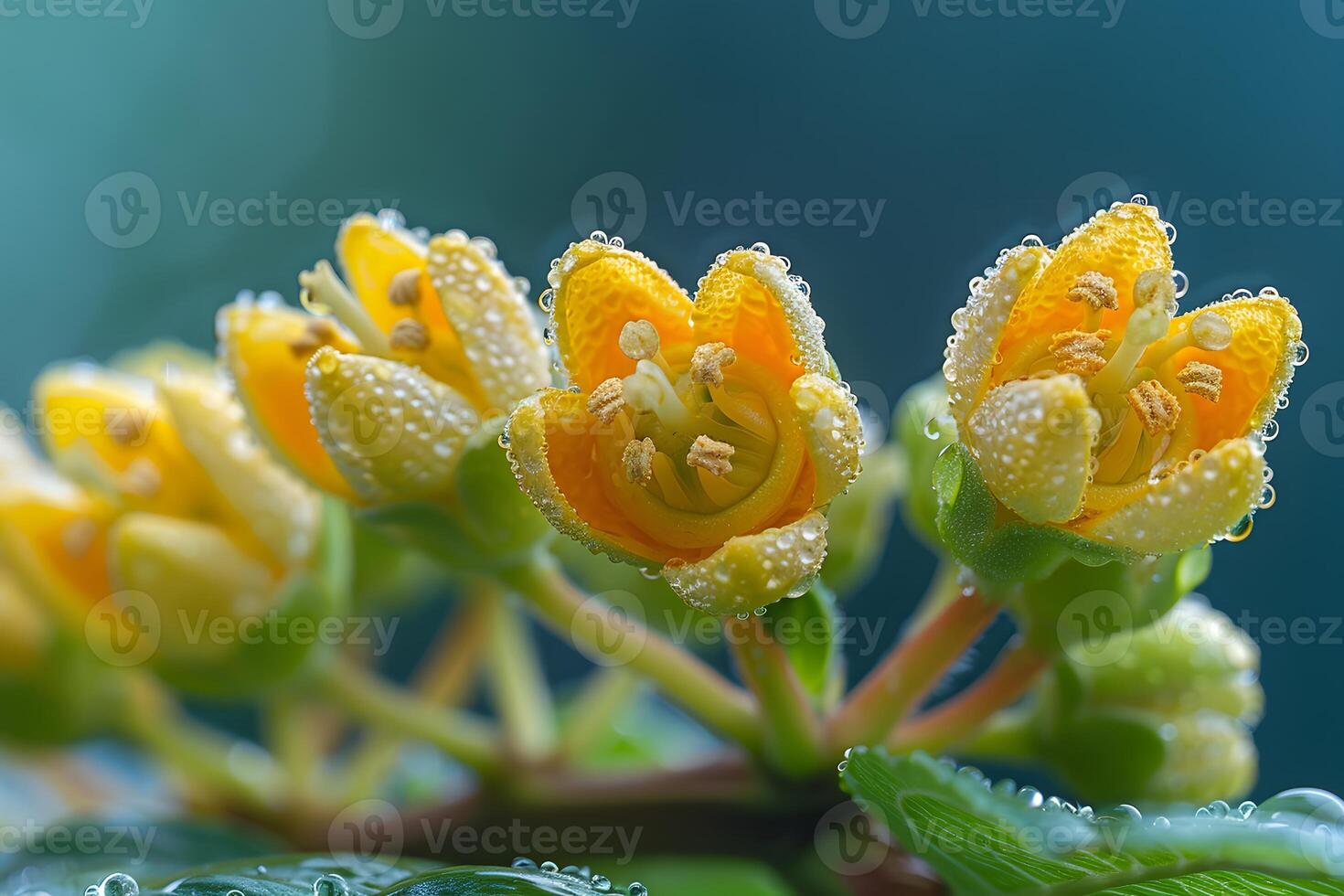 Yellow Blossoms with Morning Dew Nature's Beauty in Macro Photography for Prints and Posters photo