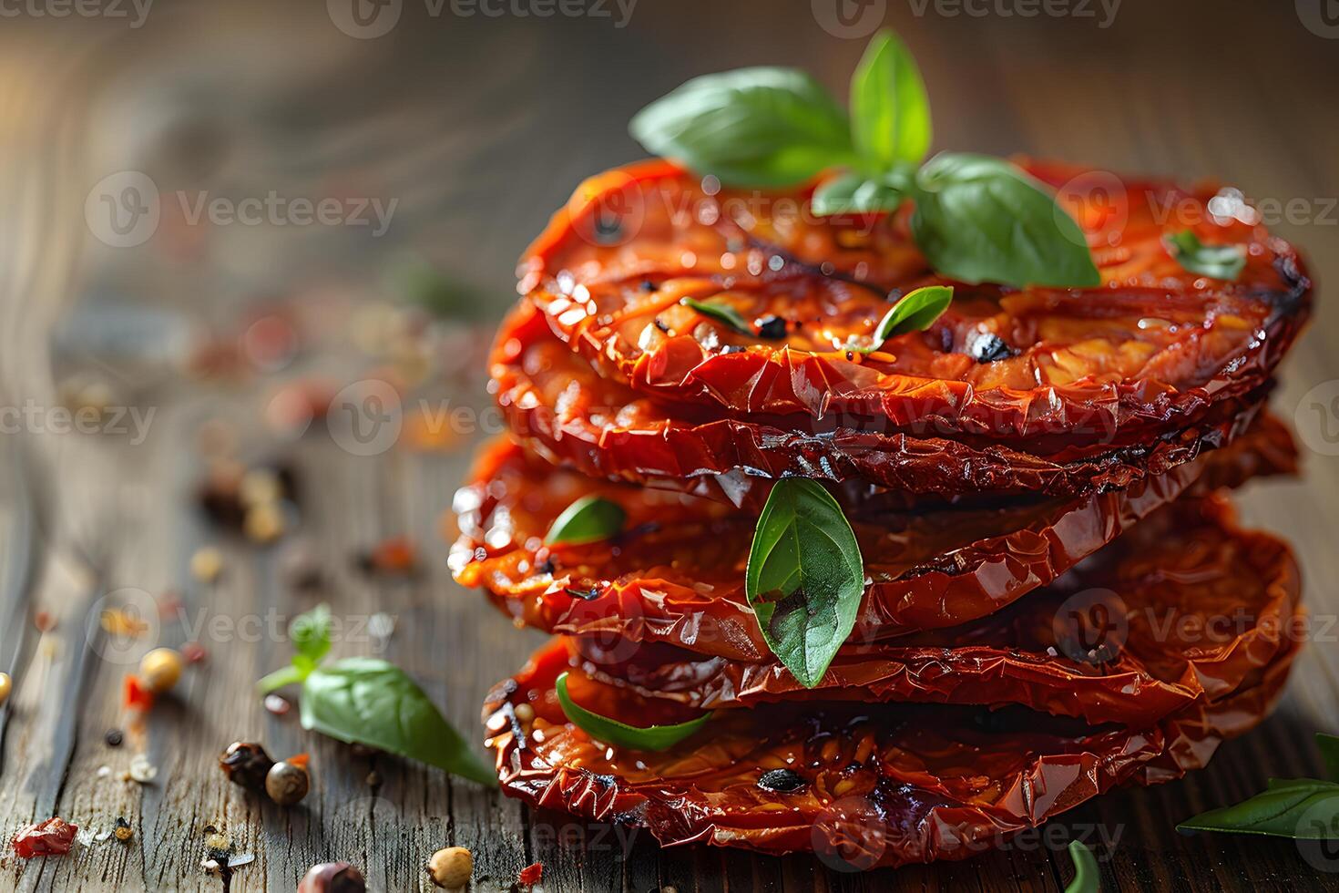 Delicious Stack of Sun-Dried Tomatoes with Fresh Basil on Rustic Wooden Surface - Perfect for Cooking, Recipe, Food Blog, or Magazine photo