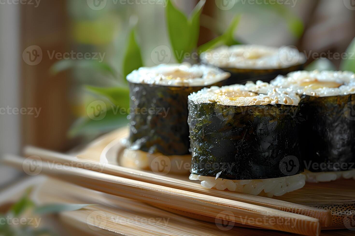 Close-Up of Fresh Sushi Rolls on Bamboo Mat with Greenery Background - Ideal for Culinary Design, Menu, or Food Blog photo
