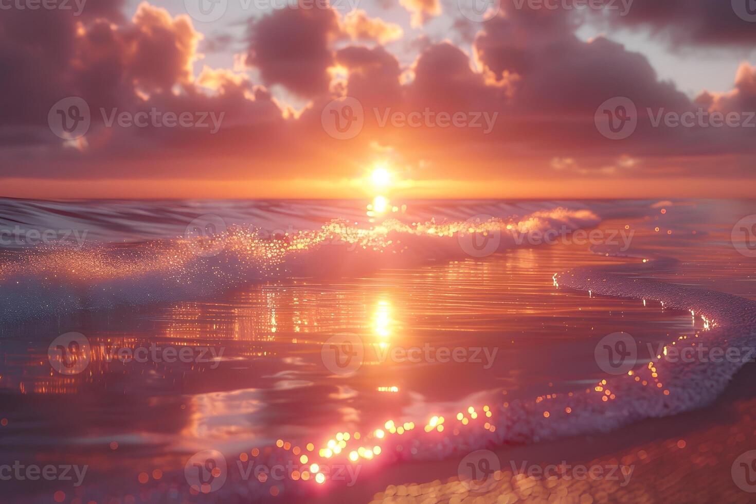 Serene Sunset Over Ocean Waves with Golden Cloud Reflections - Ideal for Summer Vacation, Beach Retreat, and Tranquil Designs photo