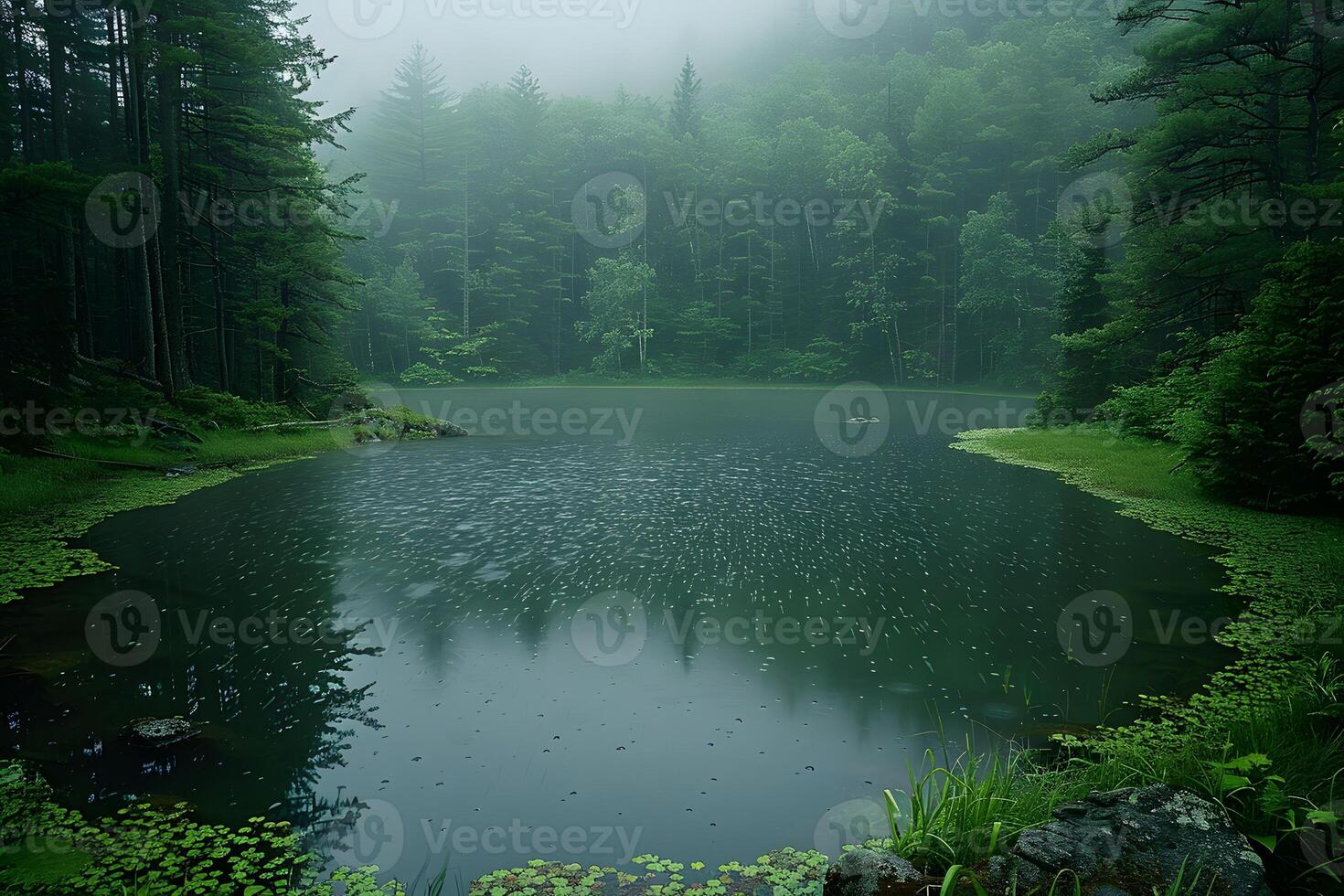 Serene Forest Lake in Morning Mist - Nature Landscape for Tranquil Spring Photography and Poster Design photo
