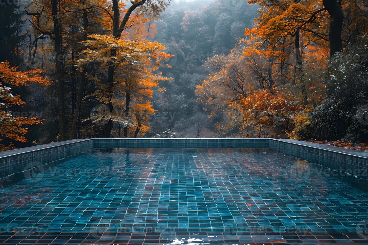 Tranquil Forest View From Infinity Pool - Autumn Colors in Nature, Perfect for Relaxation and Travel Promotion photo