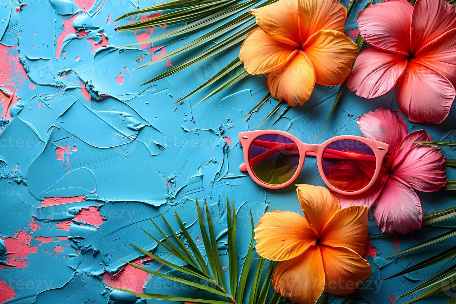Vibrant Summer Concept with Sunglasses, Tropical Flowers, and Blue Textured Background photo