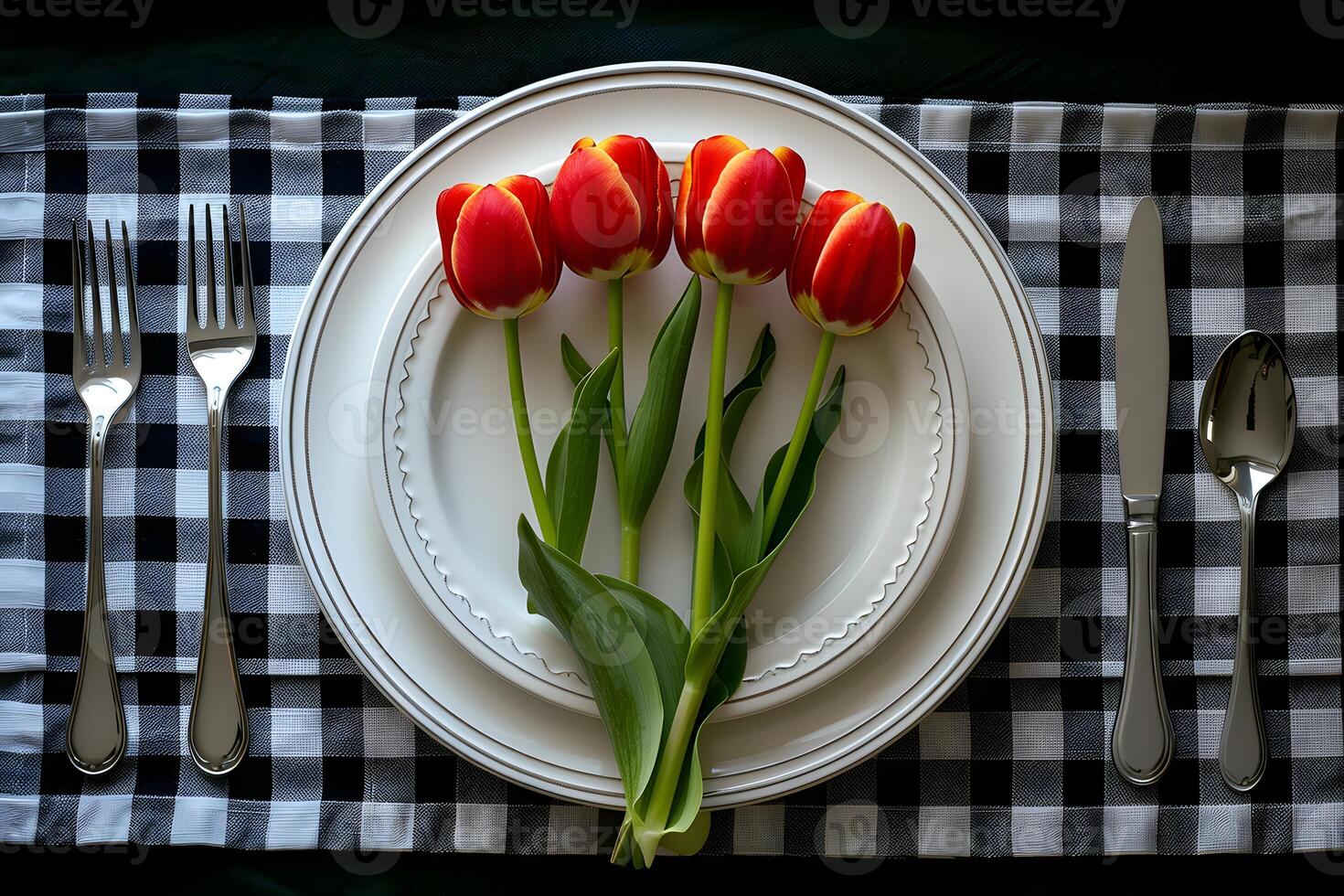 Elegant Dining Table Setup with Red Tulips on Plates - Perfect for Spring and Festive Decor photo