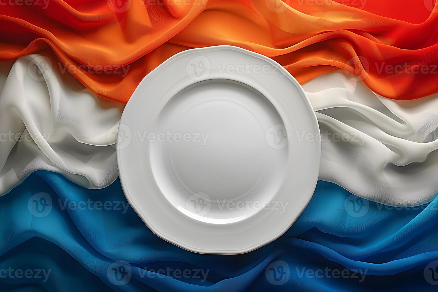 Elegant White Plate on Vibrant Red, White, and Blue Fabric - Ideal for Culinary and National Celebrations Design photo