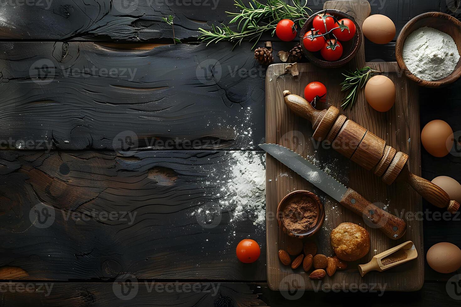 Rustic Kitchen Scene with Fresh Ingredients for Baking and Cooking Ideal for Culinary Design Projects photo