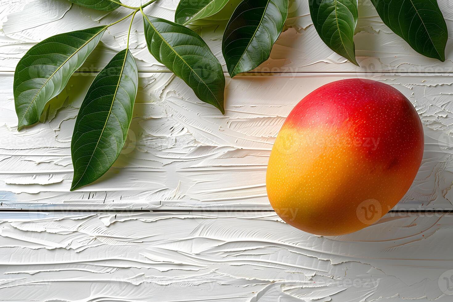 Tropical Mango and Green Leaves on Textured White Wooden Background - Ideal for Food Photography and Print Design photo