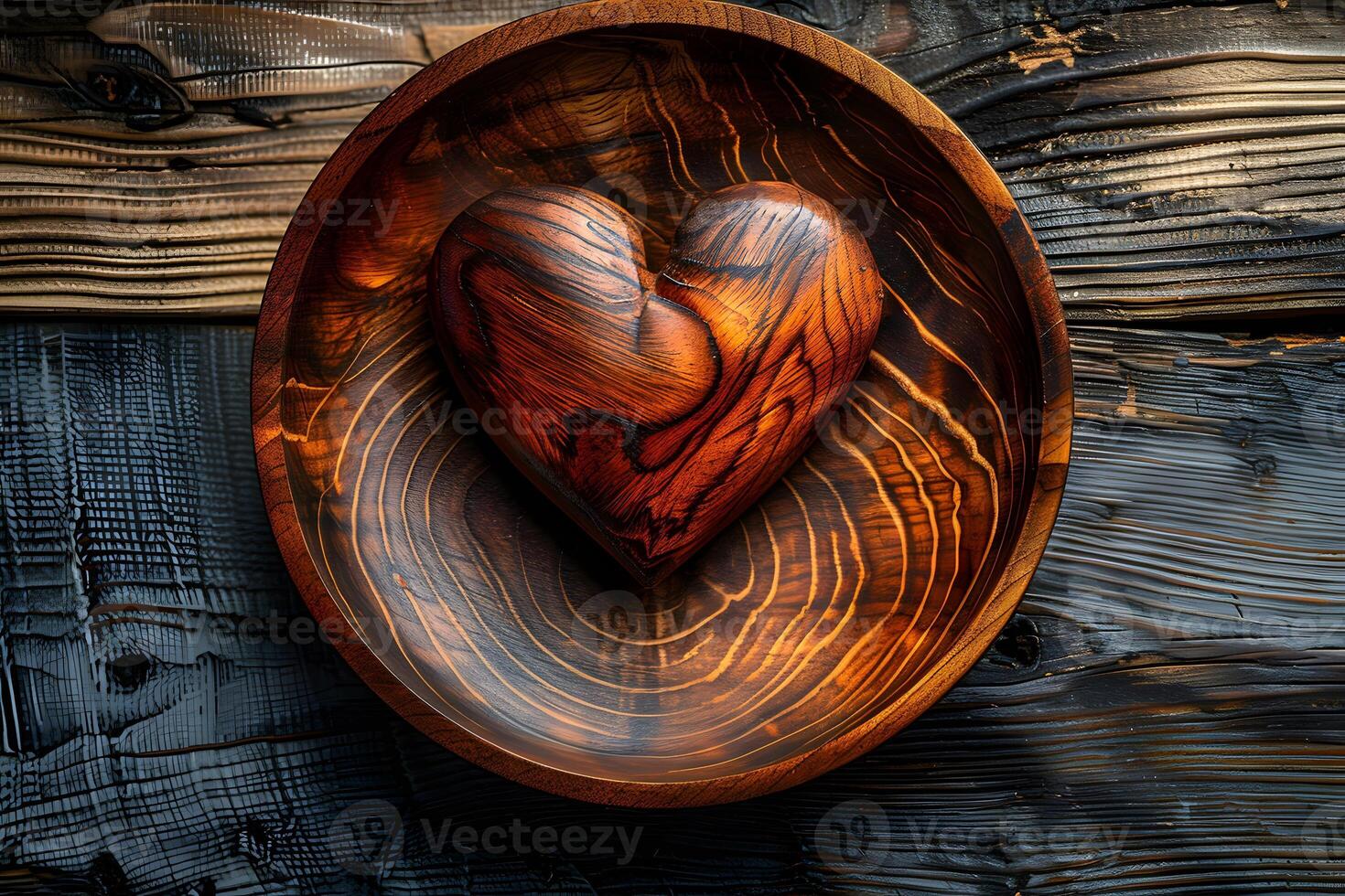 Rustic Wooden Heart Art with Natural Grain Texture on Dark Wooden Background Ideal for Home Decor, Finish, Craftsmanship Projects photo