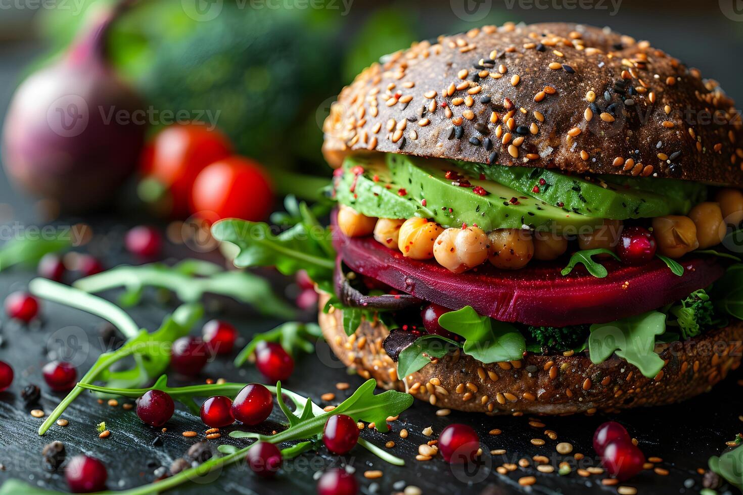 Healthy Vegan Sandwich with Avocado, Beetroot, and Chickpeas on Seeded Whole Grain Bread for a Nutritious Lunch photo