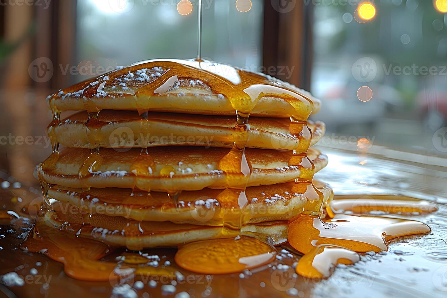 Delicious Stack of Pancakes Drizzled with Maple Syrup - Perfect for Breakfast Marketing and Poster Design photo