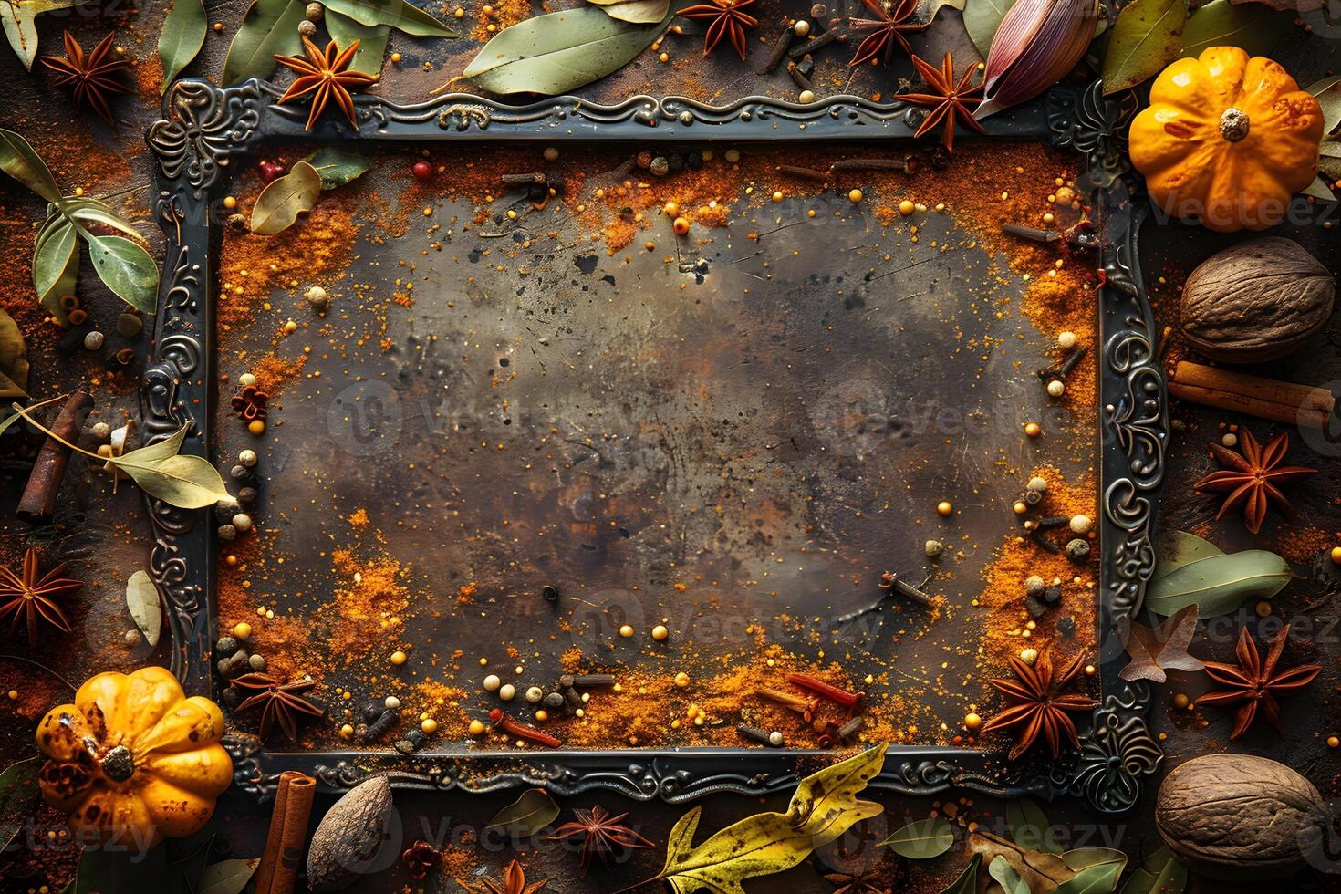 Autumn Harvest Frame Rustic Thanksgiving Background with Seasonal Spices and Pumpkins photo