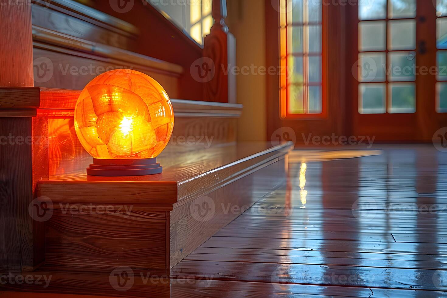 Warm Morning Light Through Wooden Staircase and Orange Glass Lamp - Perfect Ambiance for Interior Design, Stock Photography photo