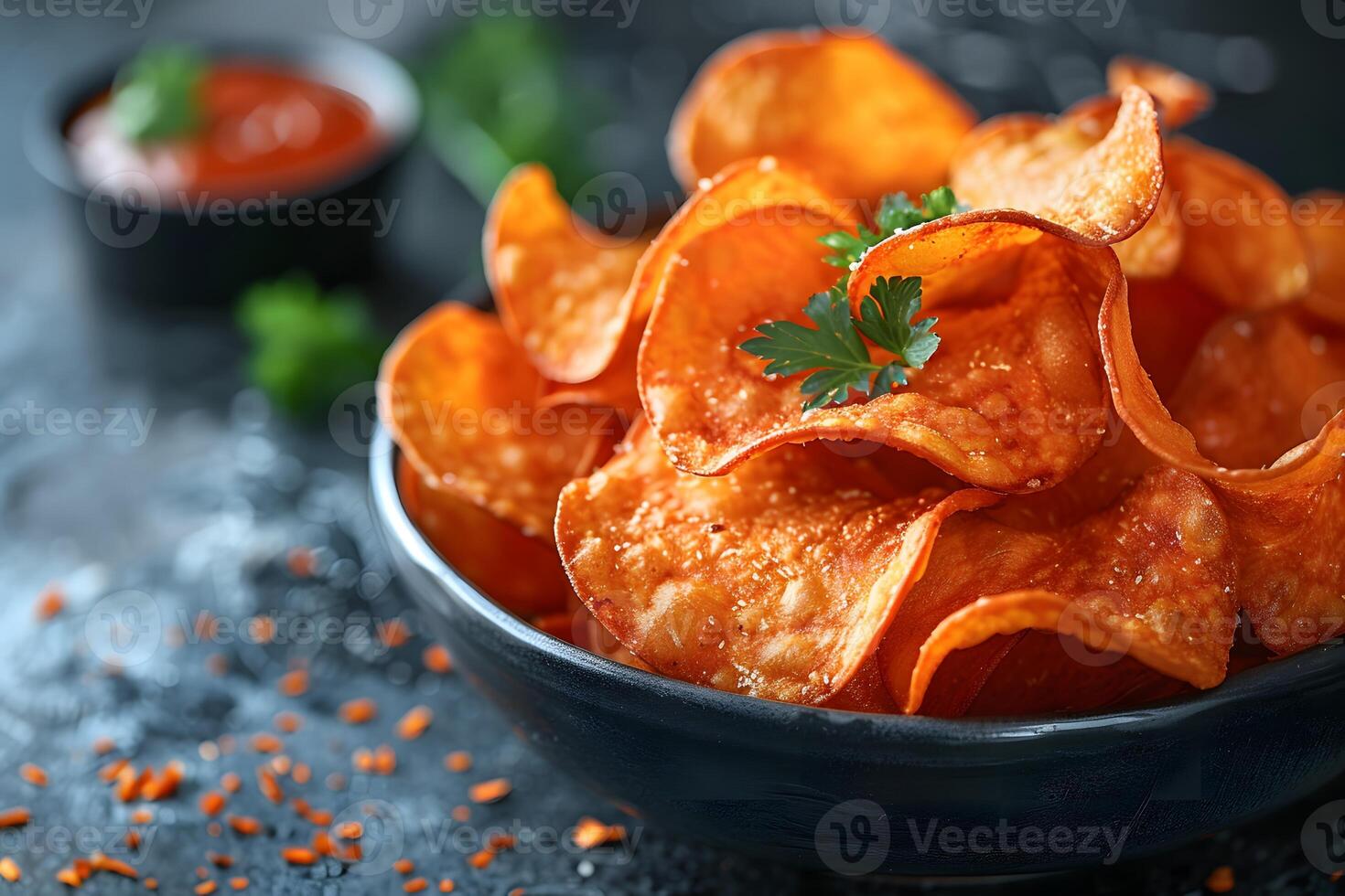 Delicious Crispy Potato Chips with Garnish and Dip - Perfect Snack Food for Parties and Gatherings photo