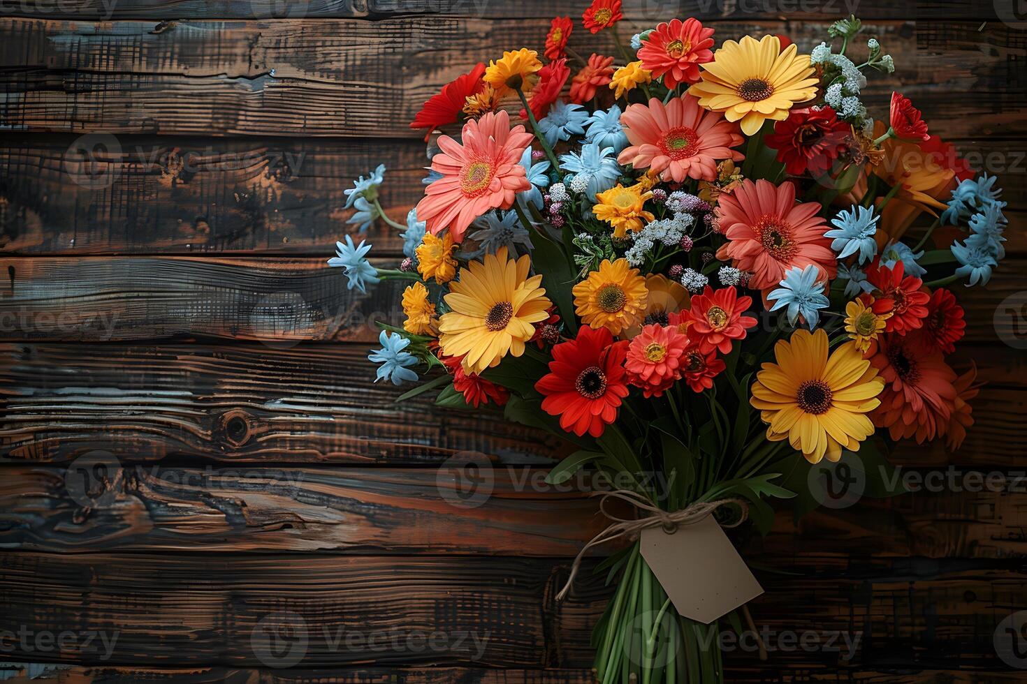 Vibrant Mixed Flower Bouquet Against Rustic Wooden Background - Perfect for Event Invitations, Decorations, and Artistic Designs photo