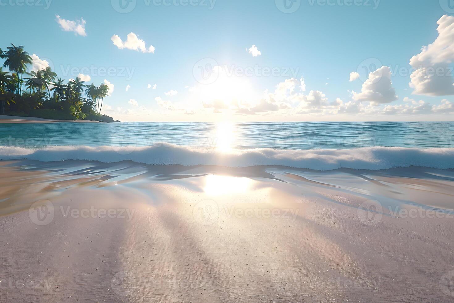 Tranquil Beach Sunrise with Shimmering Waves and Palm Trees for Nature, Travel, and Relaxation Concepts photo