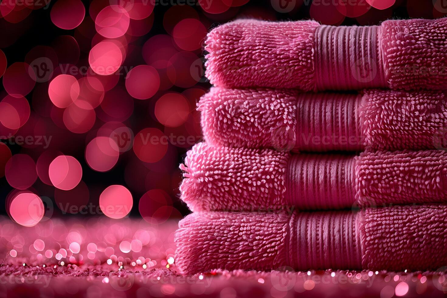 Stack of Four Plush Pink Towels with Sparkling Red Bokeh Background for Spa and Home Decor photo