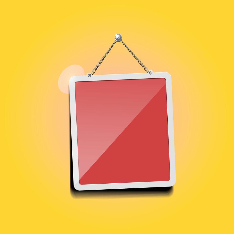 a red square shine board for mockup hanging on a yellow wall. vector