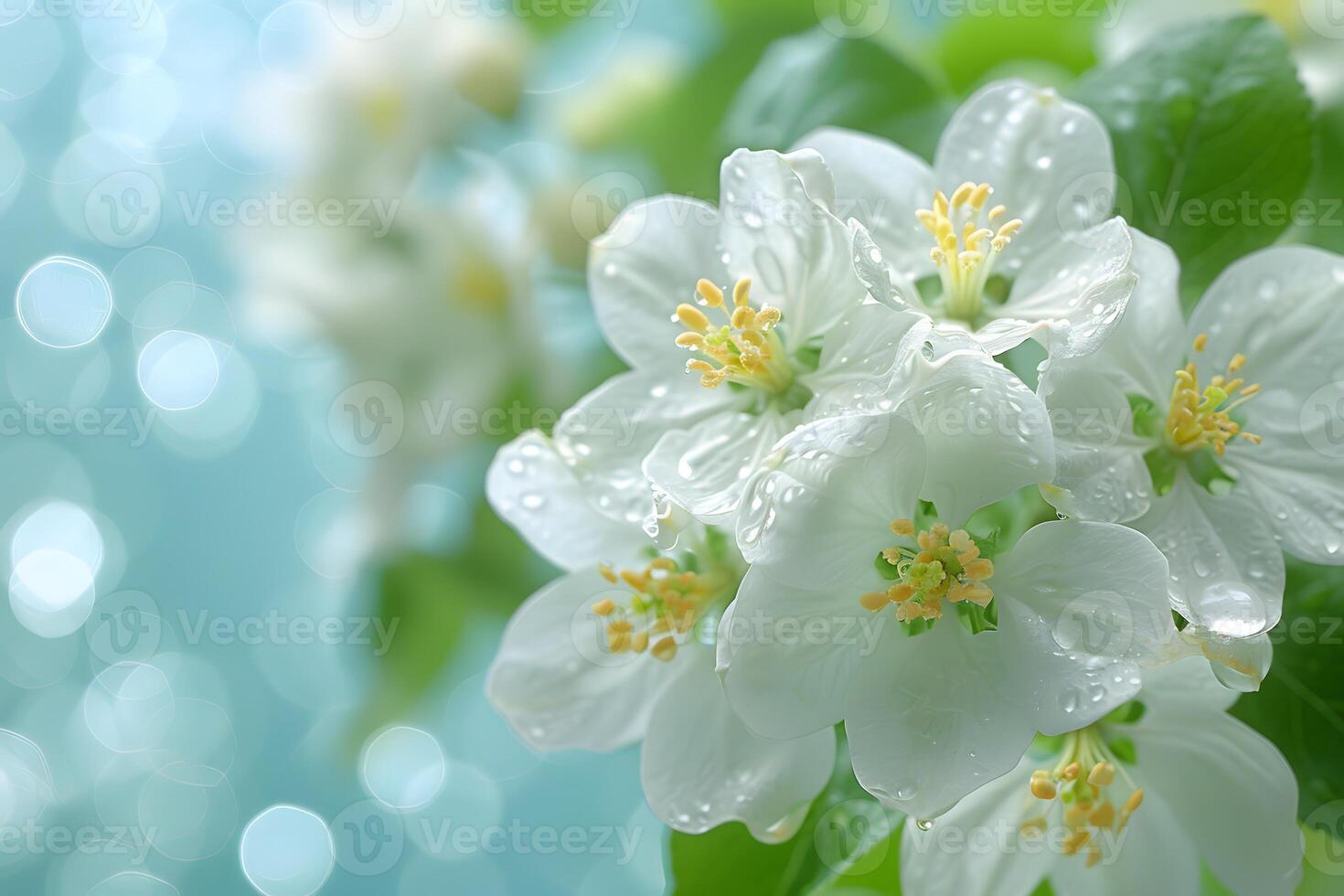Spring Bloom Lush White Flowers with Dew Drops on a Bokeh Background for Nature-Themed Designs photo