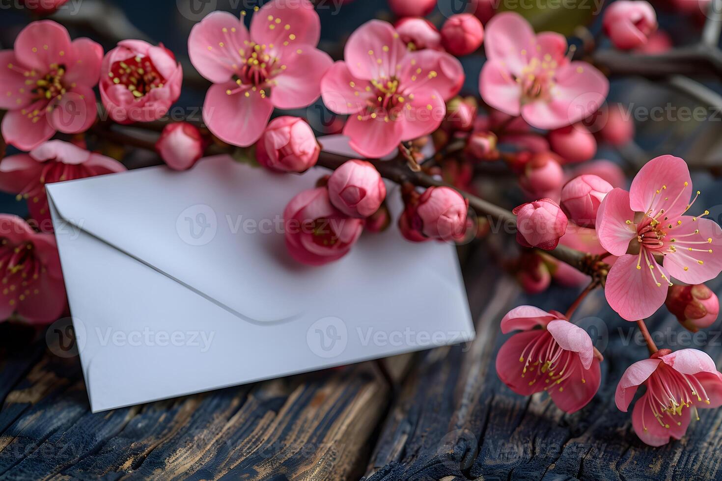 Spring Blossom Floral Greeting Card Design - Cherry Blossoms with Envelope for Spring Celebrations and Invitations photo