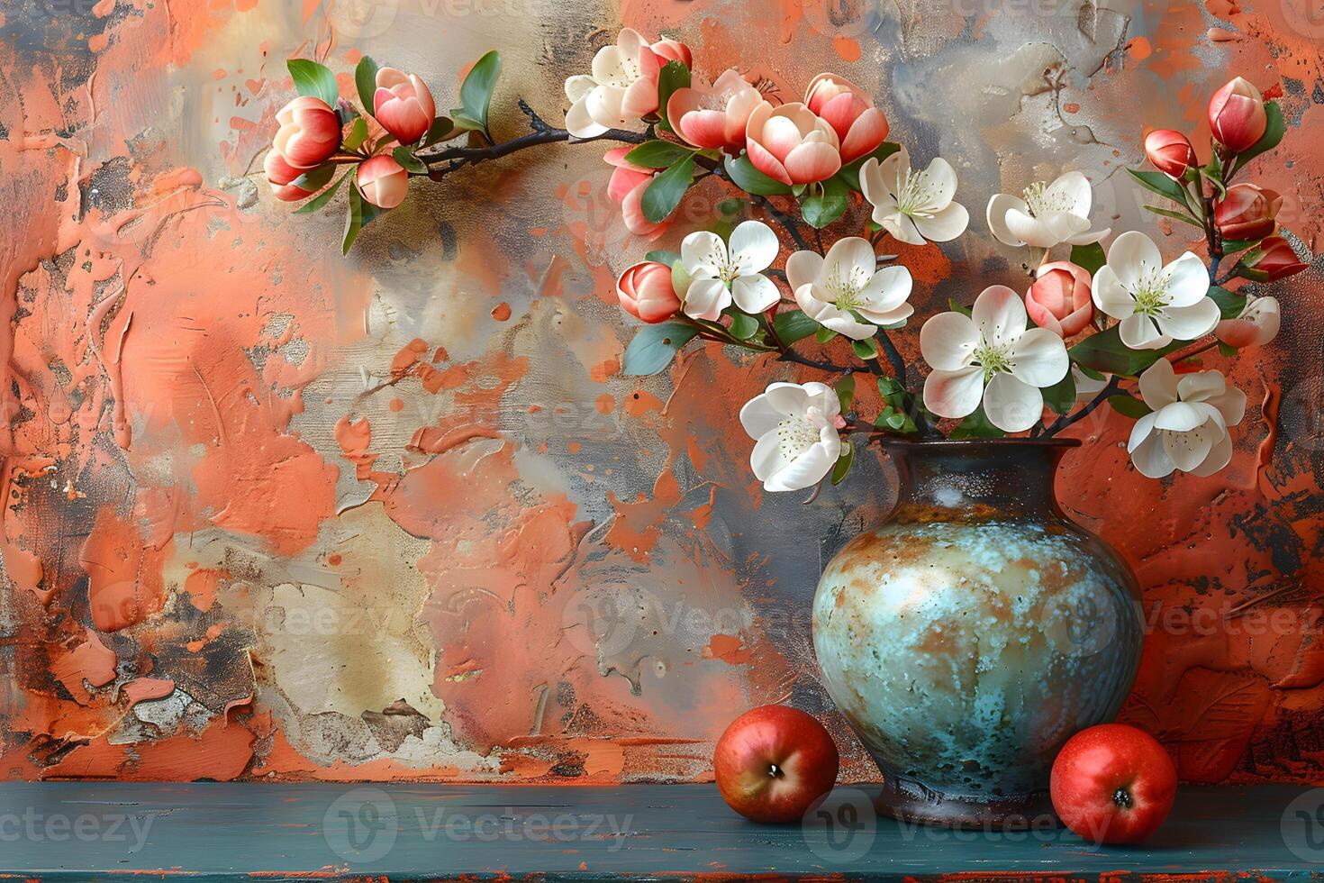 Elegant Spring Blossoms in Antique Vase on Rustic Textured Background for Home Decor and Design photo