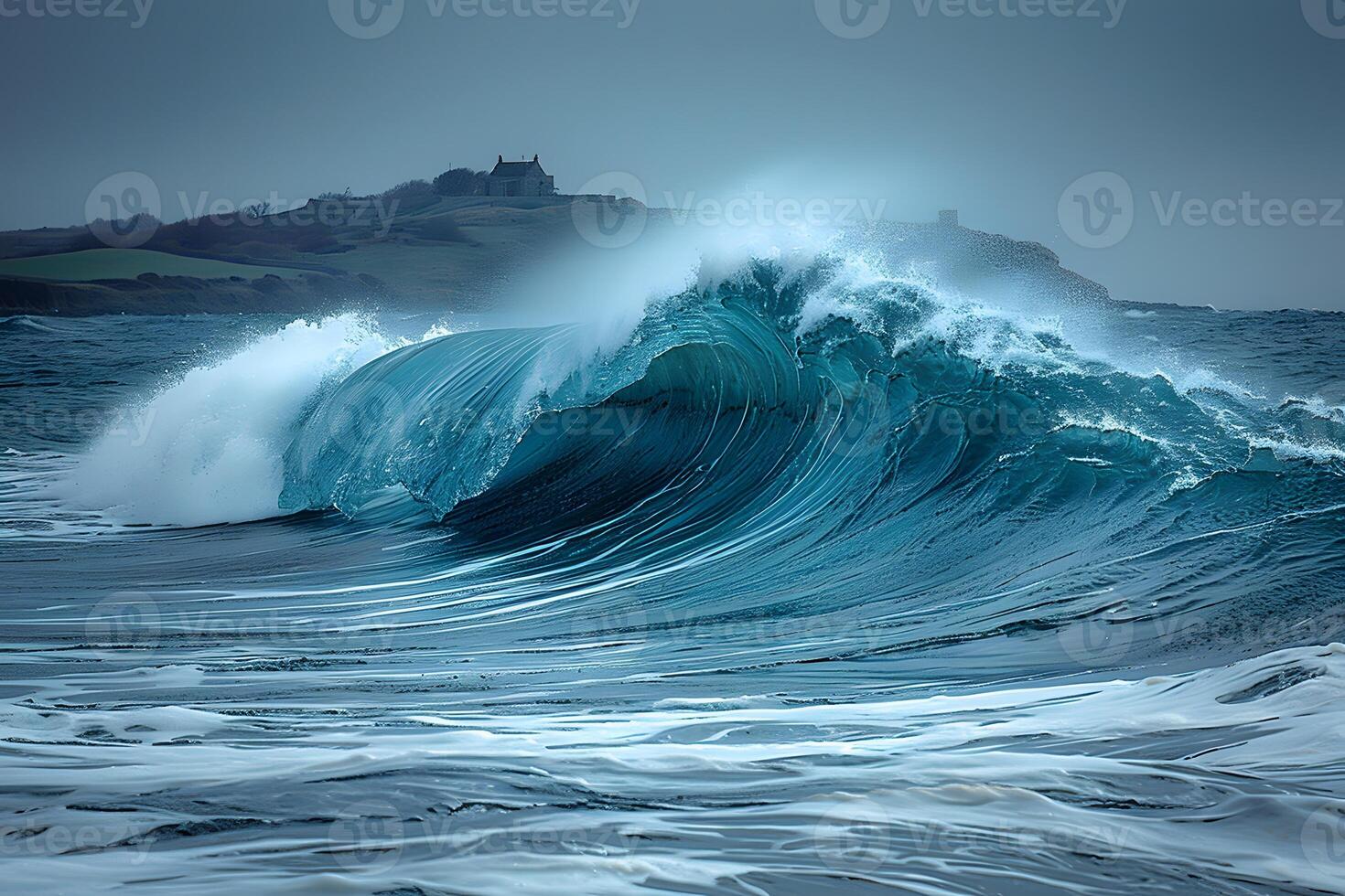 Dramatic Ocean Waves Crashing Against Coastal Rocks Under Gloomy Sky - Nature and Seascape Photography photo