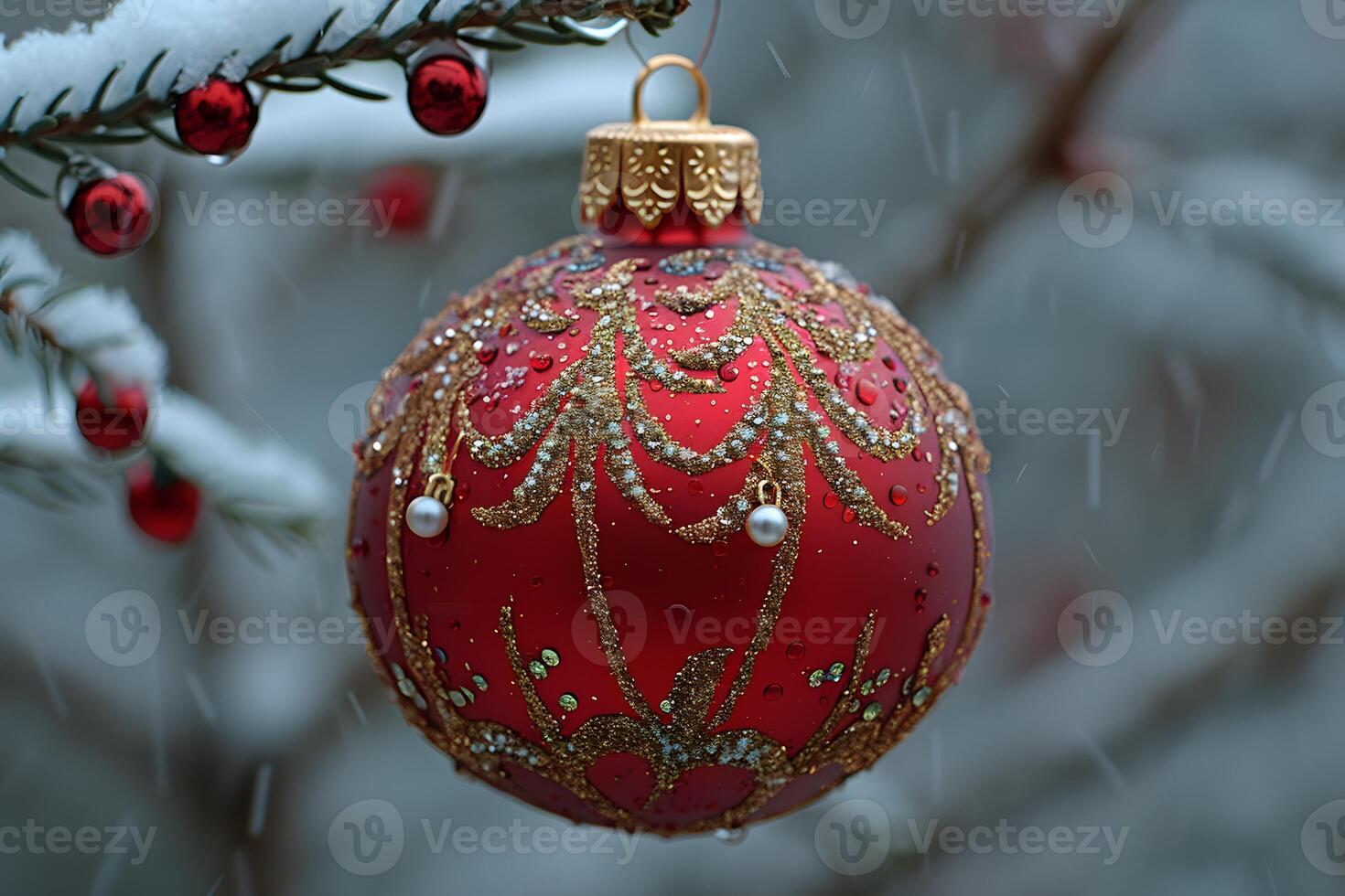 Red Christmas Ornament with Gold Glitter and Snow on Pine Tree Branch - Holiday Decoration Design for Cards and Posters photo