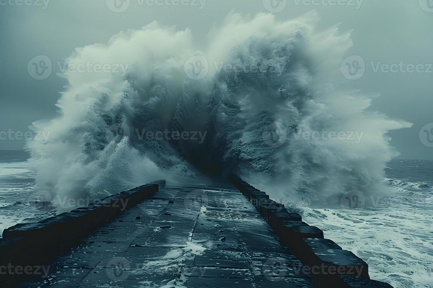 Dramatic Ocean Wave Crashing over Seaside Pier on a Stormy Day - Nature Power Concept for Posters and Prints photo