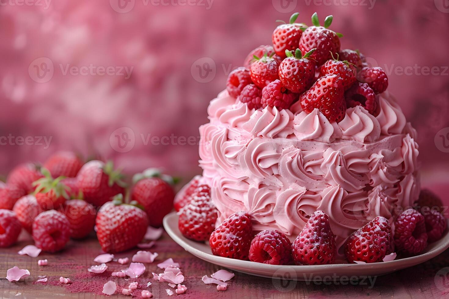 Strawberry Cake with Fresh Berries and Pink Frosting - Perfect for Dessert Menus, Baking Blogs, or Foodie Prints photo