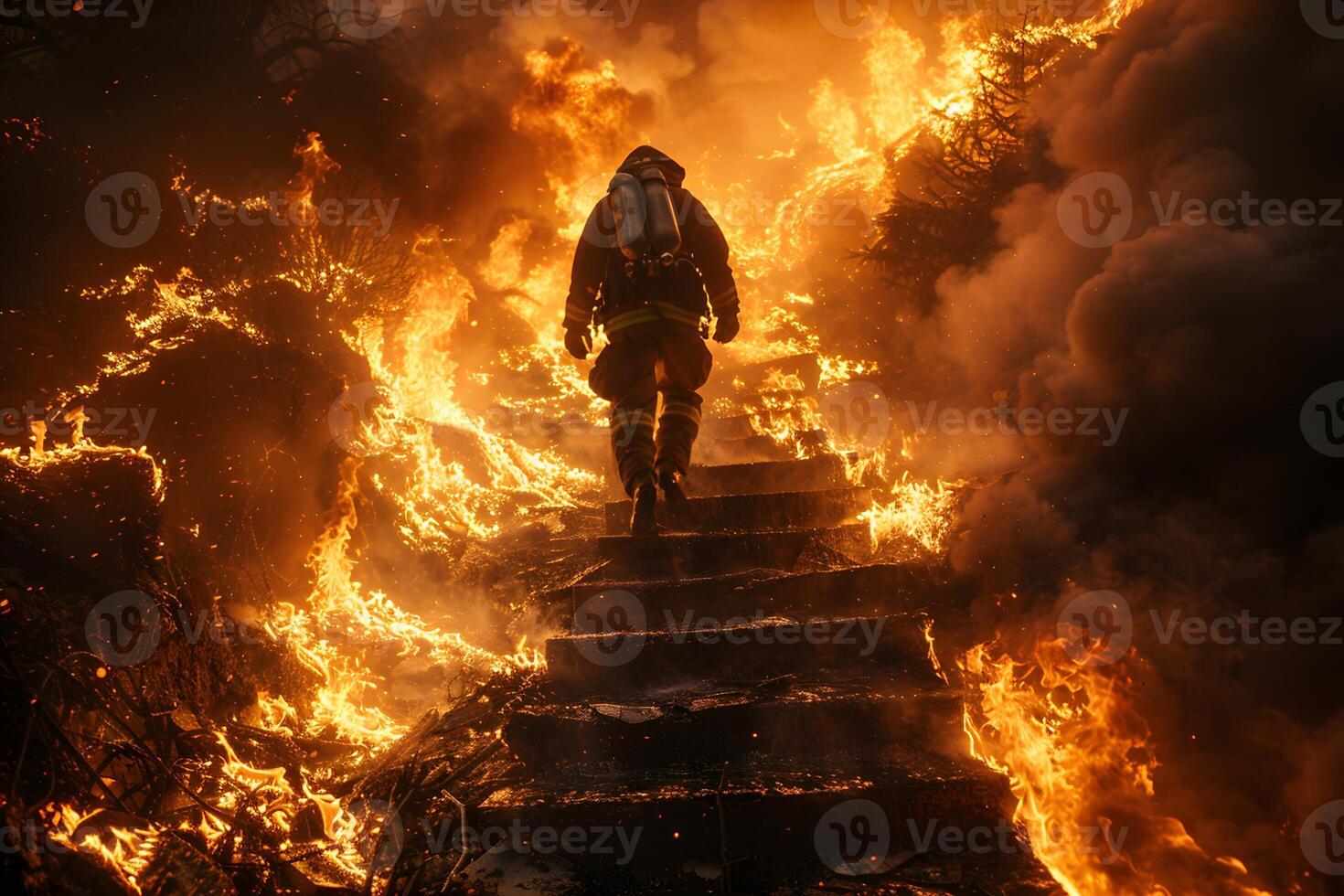 Firefighter Battling Intense Wildfire - Emergency Response in Dangerous Conditions photo