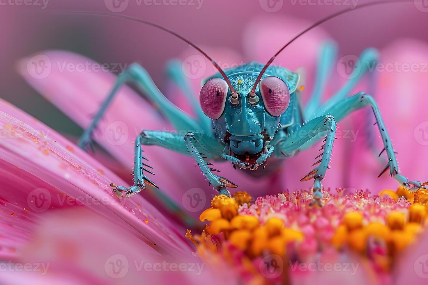 Vibrant Blue Mantis on Pink Flower Macro Insect Photography for Nature, Science, and Art Projects photo