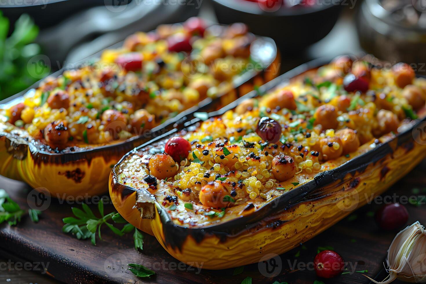 Healthy Vegan Stuffed Spaghetti Squash with Quinoa, Chickpeas, and Cranberries - Perfect for Fall Cuisine and Plant-Based Diets photo