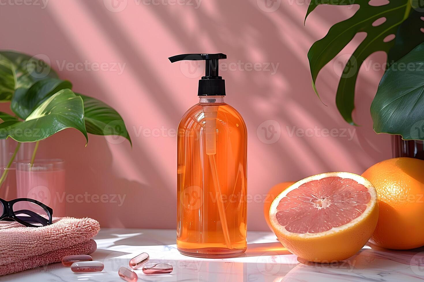 Spa Essentials with Pink Grapefruit, Tropical Leaves, Skincare Products, and Sunglasses for a Relaxing Wellness Environment photo