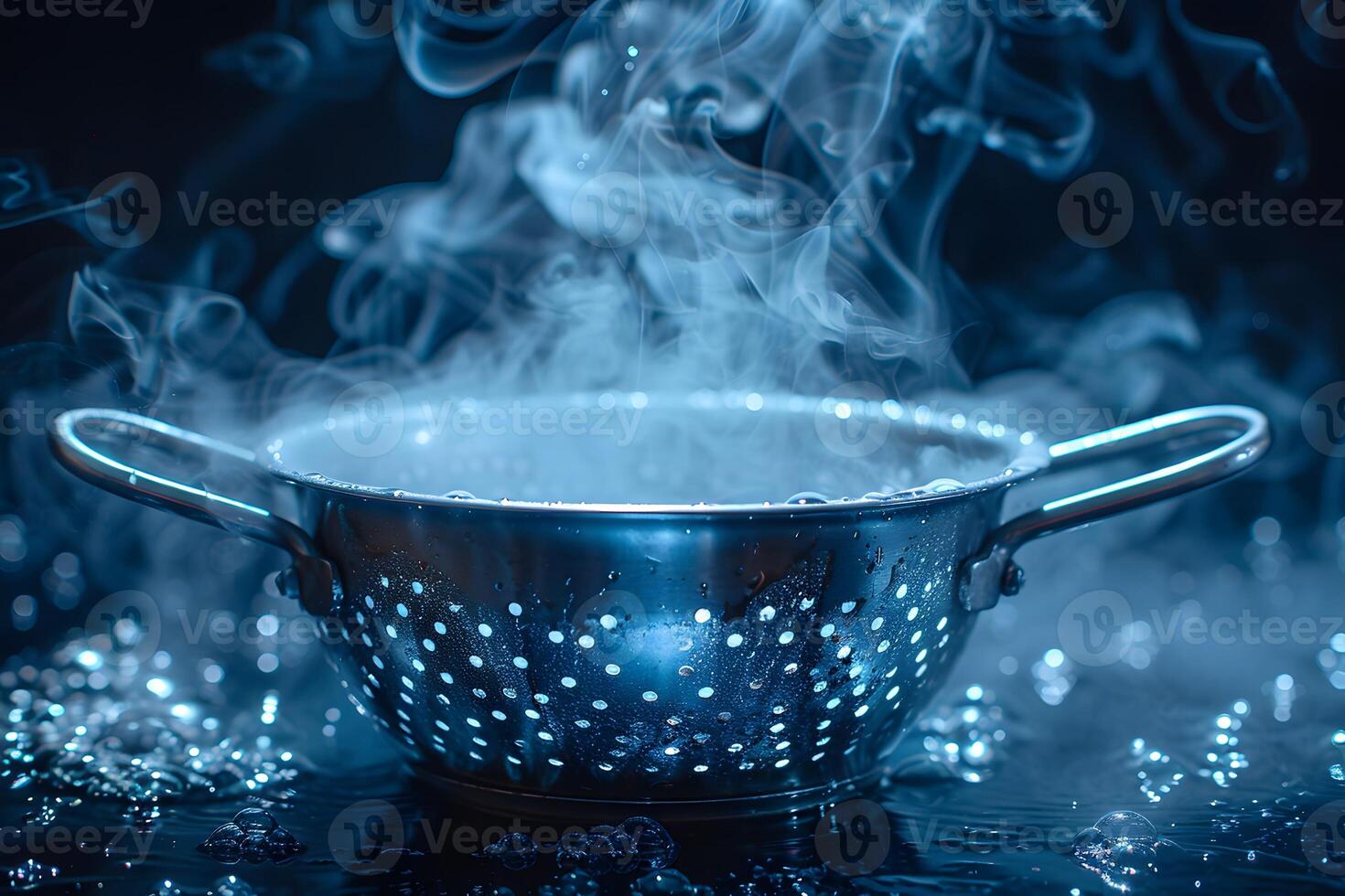 Steaming Metal Colander with Water Droplets - Concept of Heat and Cooking Process photo