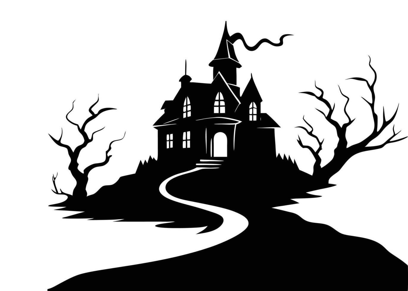 Black Silhouette of Haunted House with Bat and Bare Tree Illustration vector