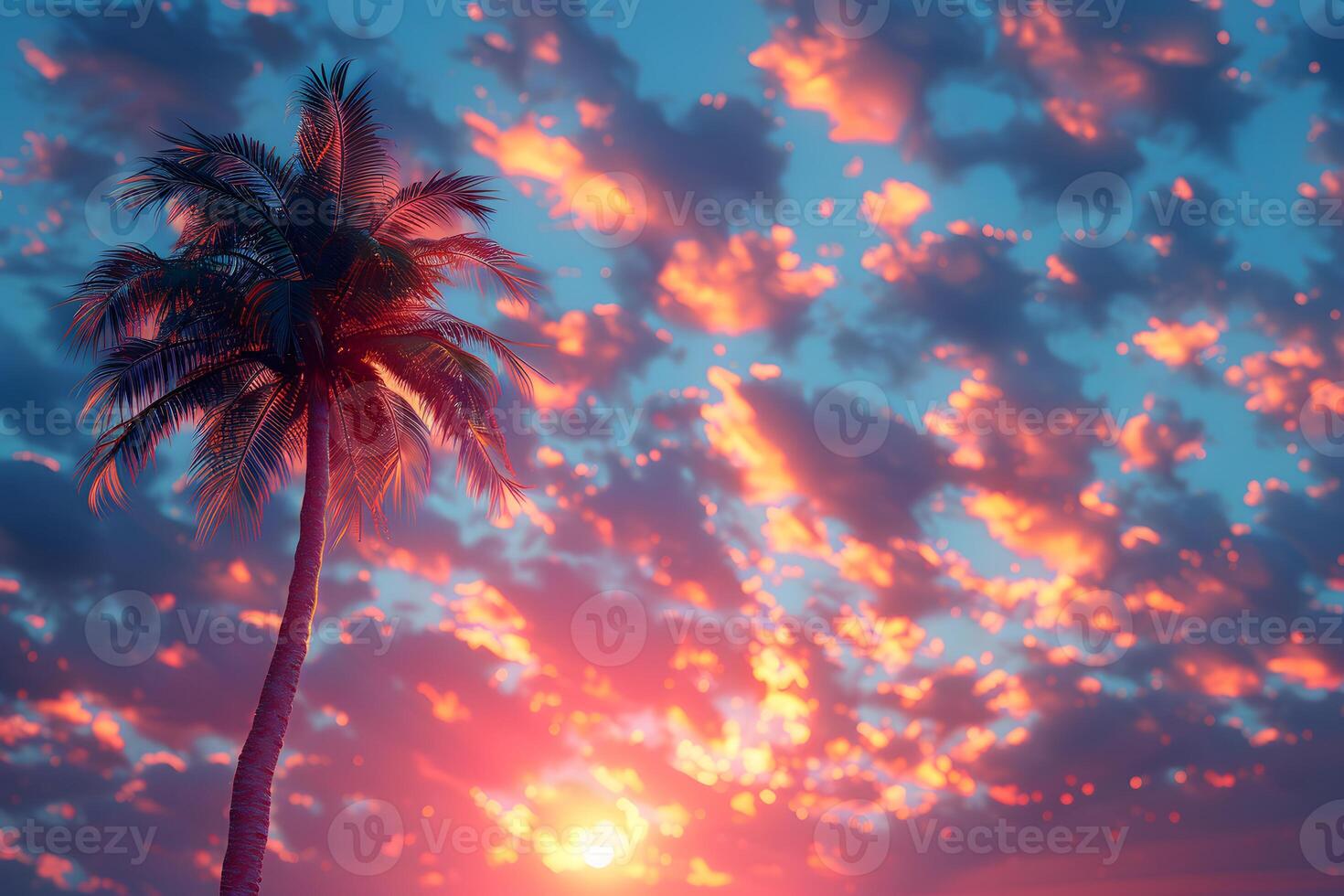 Dramatic Sunset with Palm Tree Silhouette Against Vibrant Sky - Perfect for Nature Poster or Wall Art photo