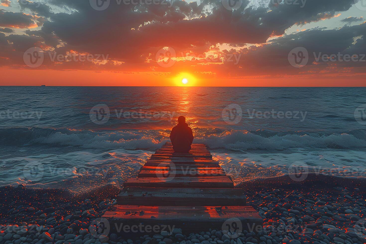 Serenity at Sunset Person Sitting on Wooden Pier Overlooking the Ocean photo