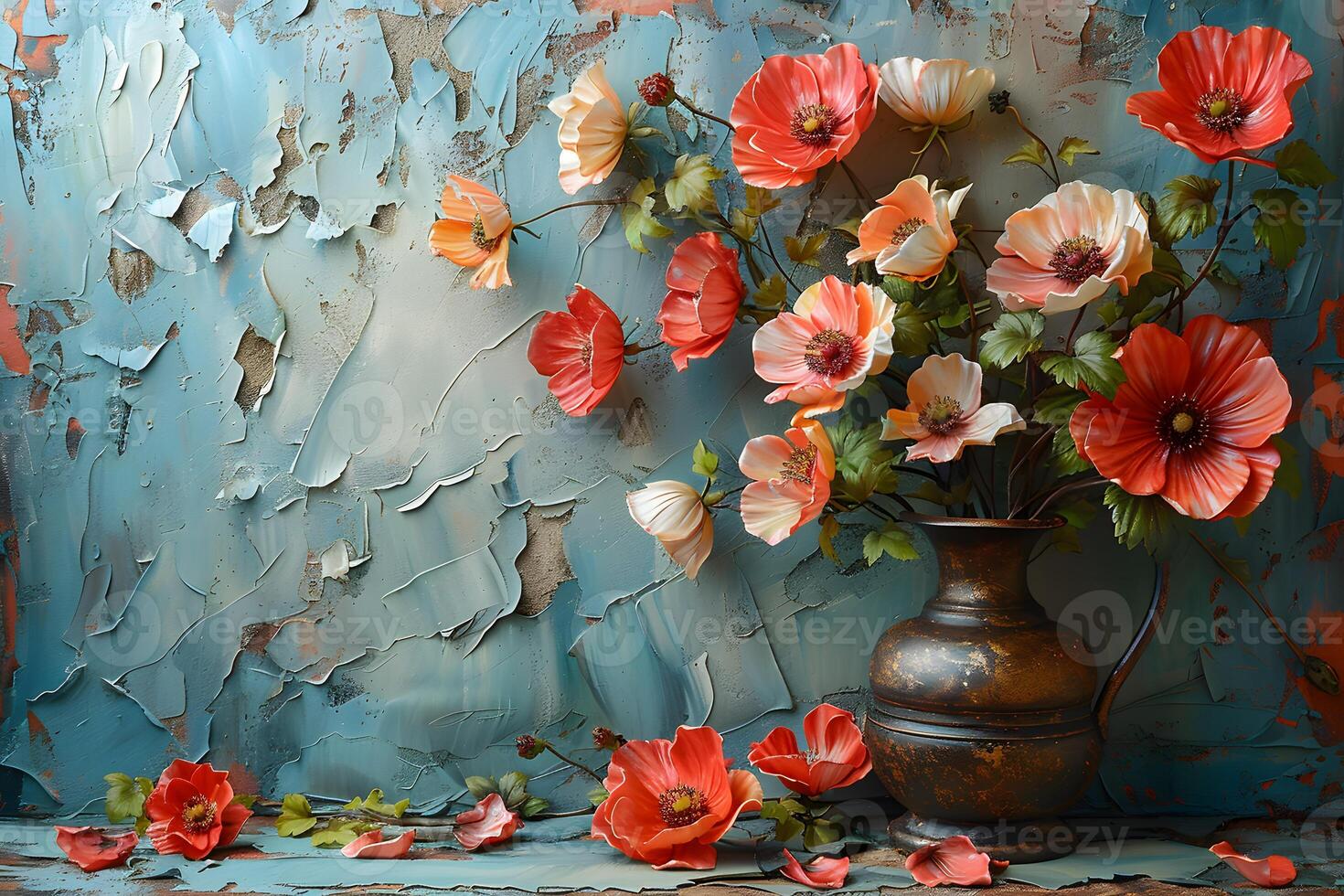 Rustic Floral Still Life with Vibrant Poppies in Antique Vase for Wall Art or Poster Design photo