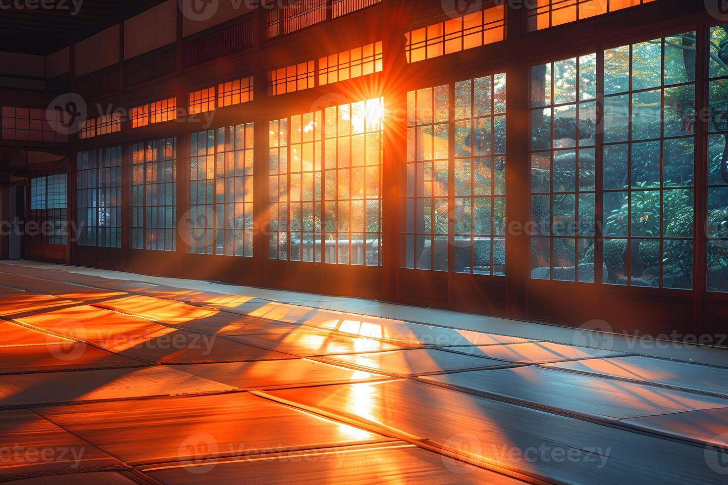 Tranquil Sunrise in Traditional Japanese House with Sunlight Through Paper Windows - Ideal for Zen Decor, Meditation Spaces, and Mindfulness Posters photo