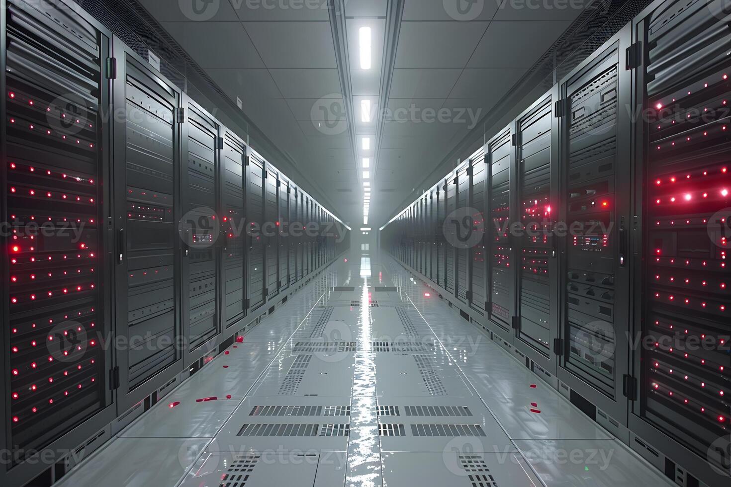 Modern Data Center with Red LED Lights, Server Racks, and Reflective Flooring - Technology Infrastructure photo