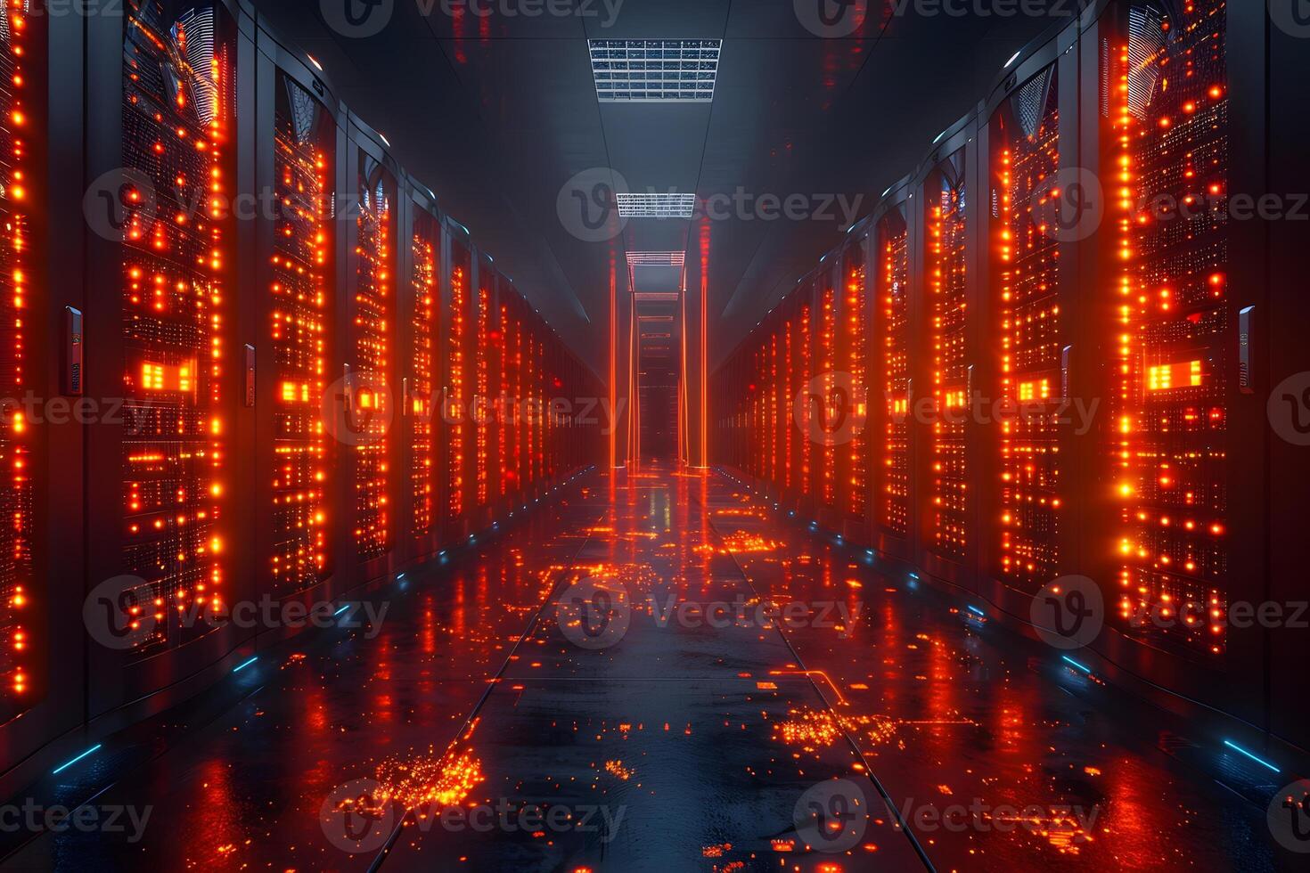 Futuristic Data Center Hallway with Illuminated Server Racks photo