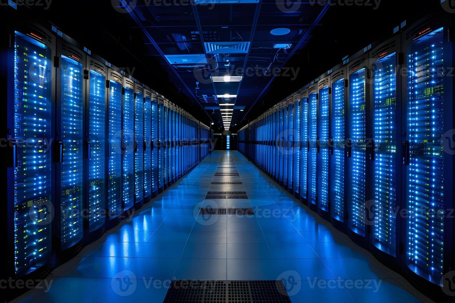 Modern Data Center with Illuminated Server Racks High-Tech Network and Information Storage Facility photo