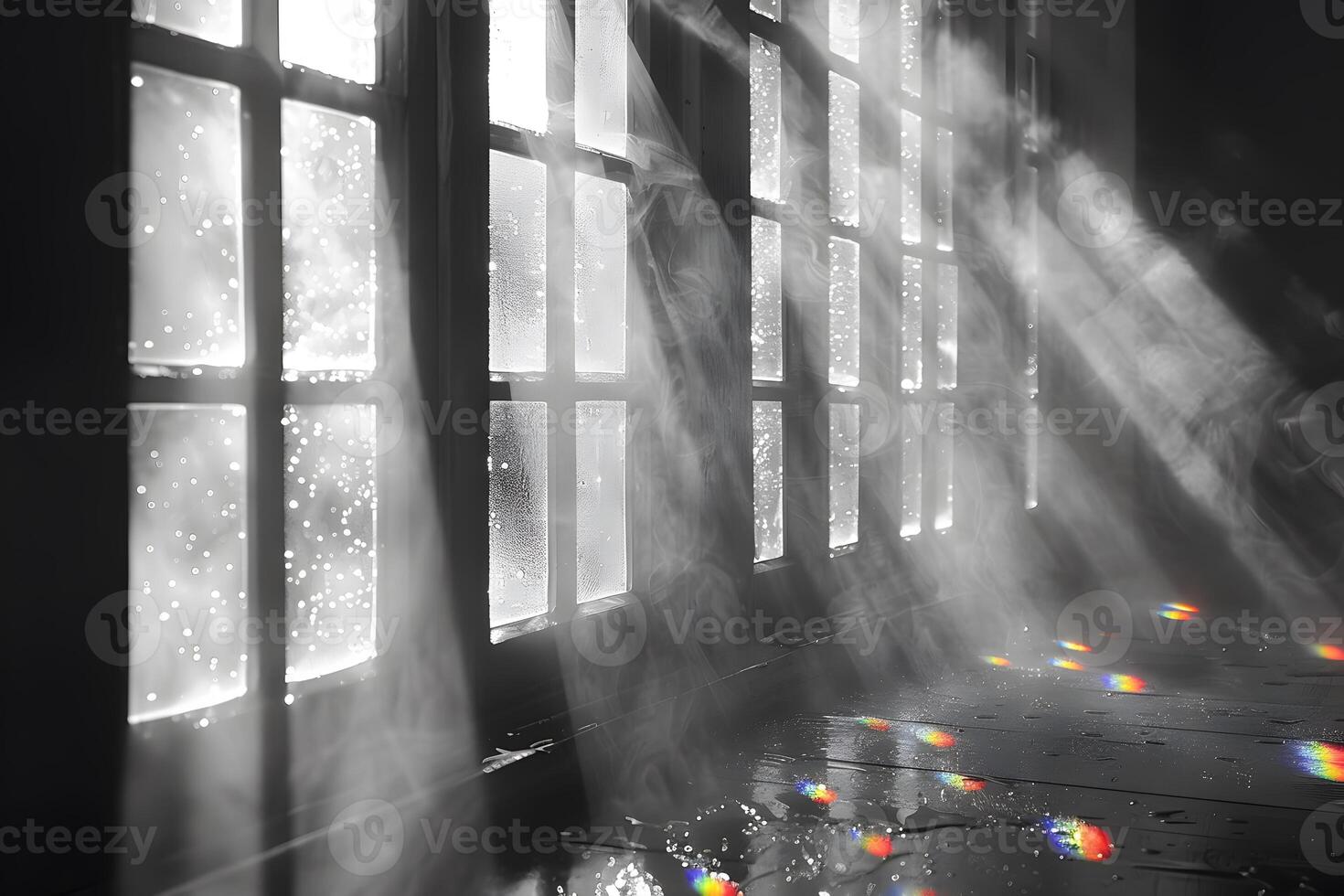 Sunlight Beaming Through Window Reflecting Rainbows on Floor - Peaceful Morning Ambiance photo