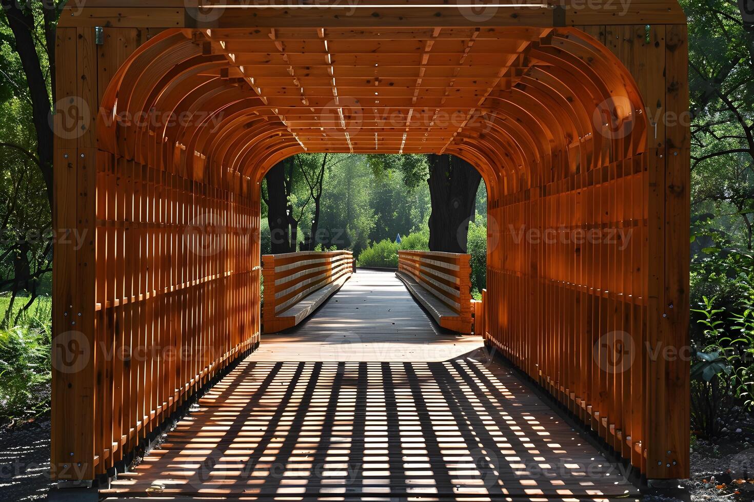 Wooden Pedestrian Bridge in Sunlit Green Park - Architectural Structure, Summer Outdoors, Scenic Tunnel Design for Print photo