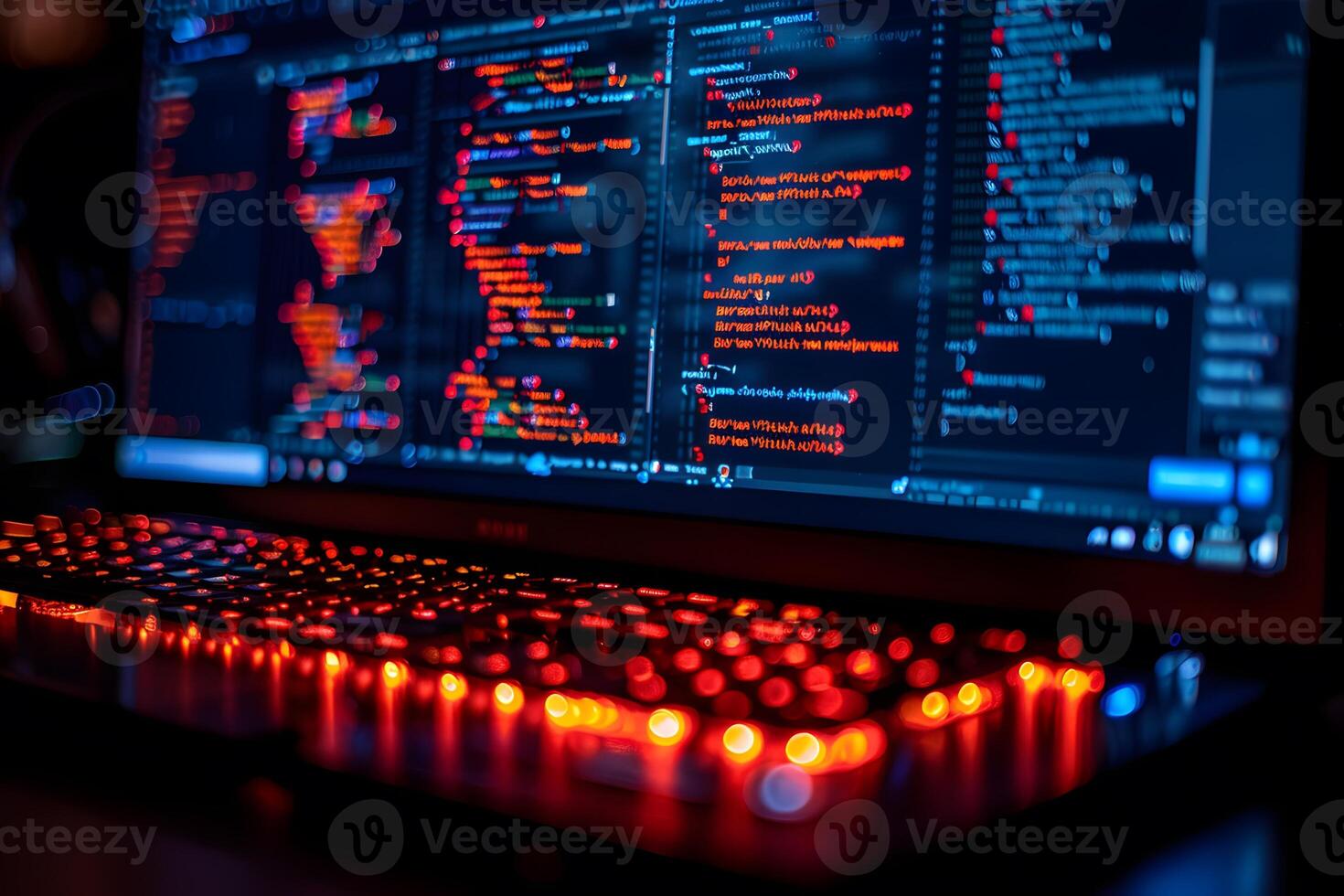 Colorful Code on a Computer Screen at Night Perfect for Technology, Programming Cybersecurity Concepts photo