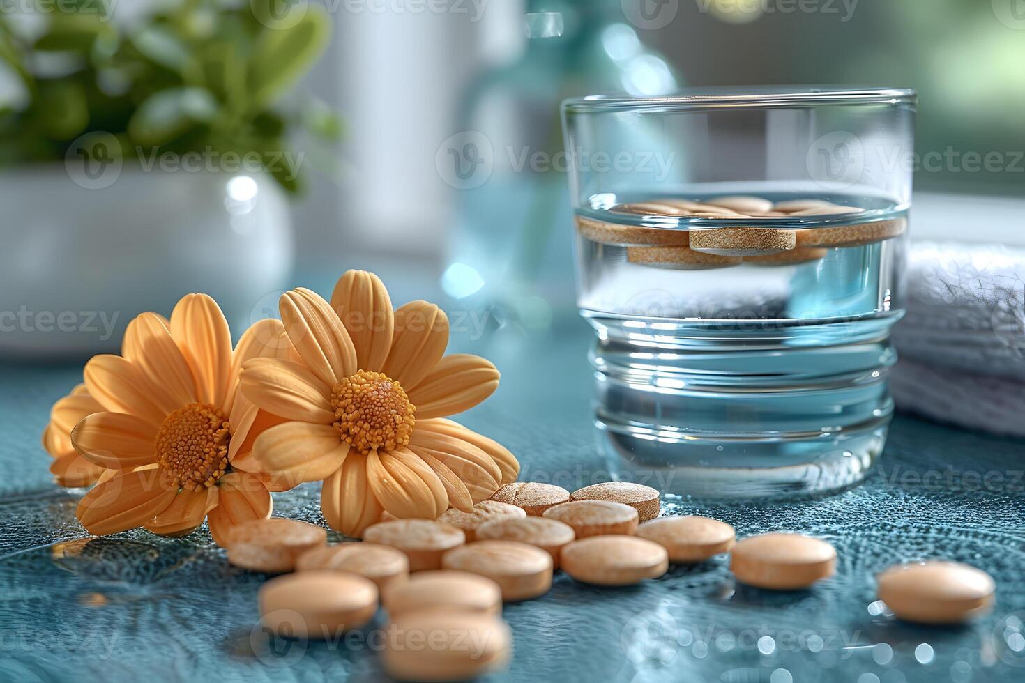 Wellness and Hydration Effervescent Tablets Dissolving in a Glass of Water with Yellow Flowers photo