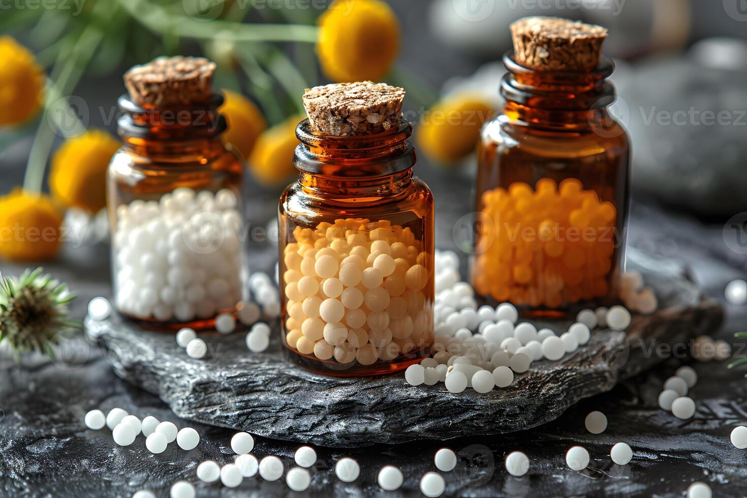 Homeopathy Medicine Vials with Colorful Granules on Slate Surface - Natural Health and Wellness Concept photo