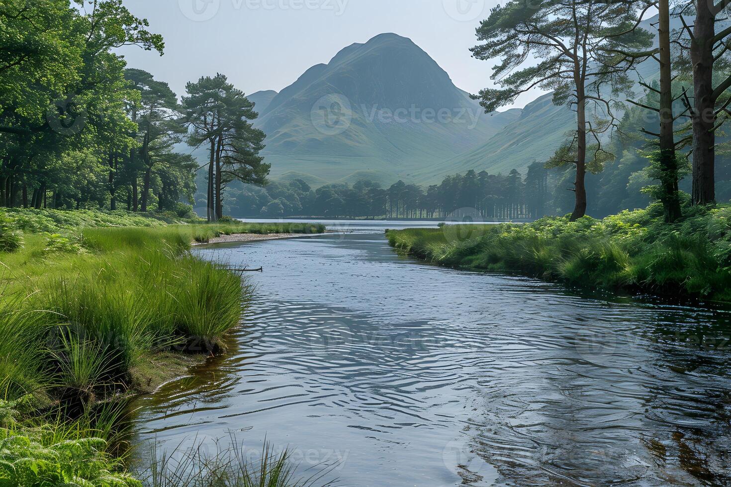 Tranquil Mountain Landscape with Serenity River Scene - Perfect for Nature Prints, Posters, and Designs photo