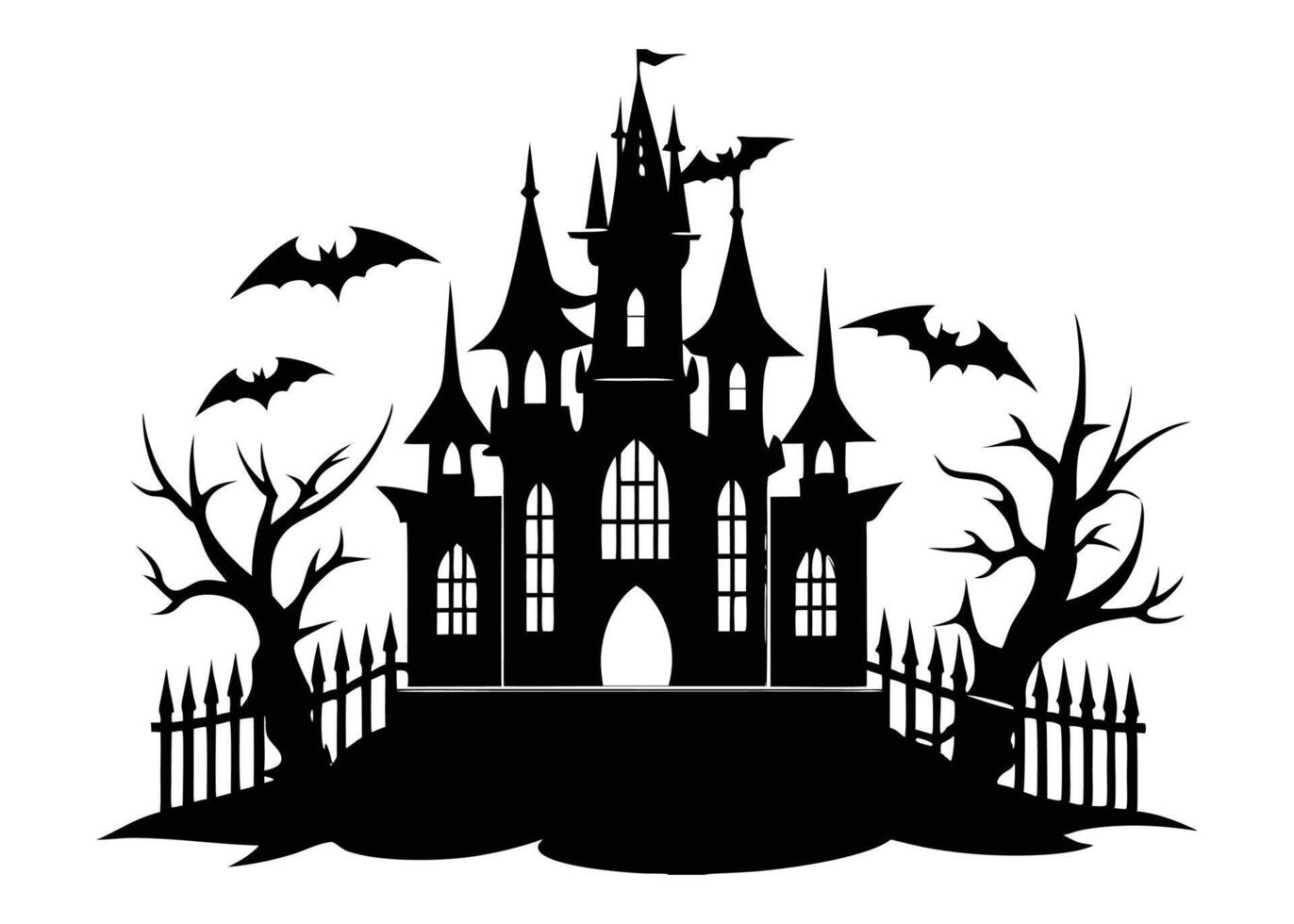 Black Silhouette of Haunted House with Bat and Bare Tree Illustration vector