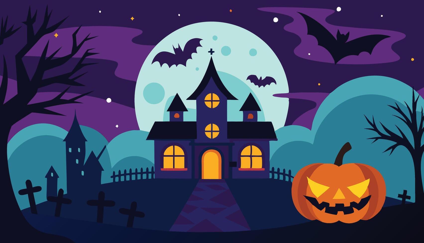 Spooky Halloween background Haunted House with Full Moon and Bats Illustration vector